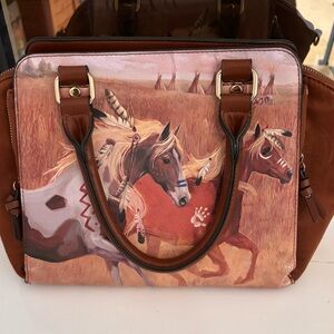 Brown Native American horse Print Handbag